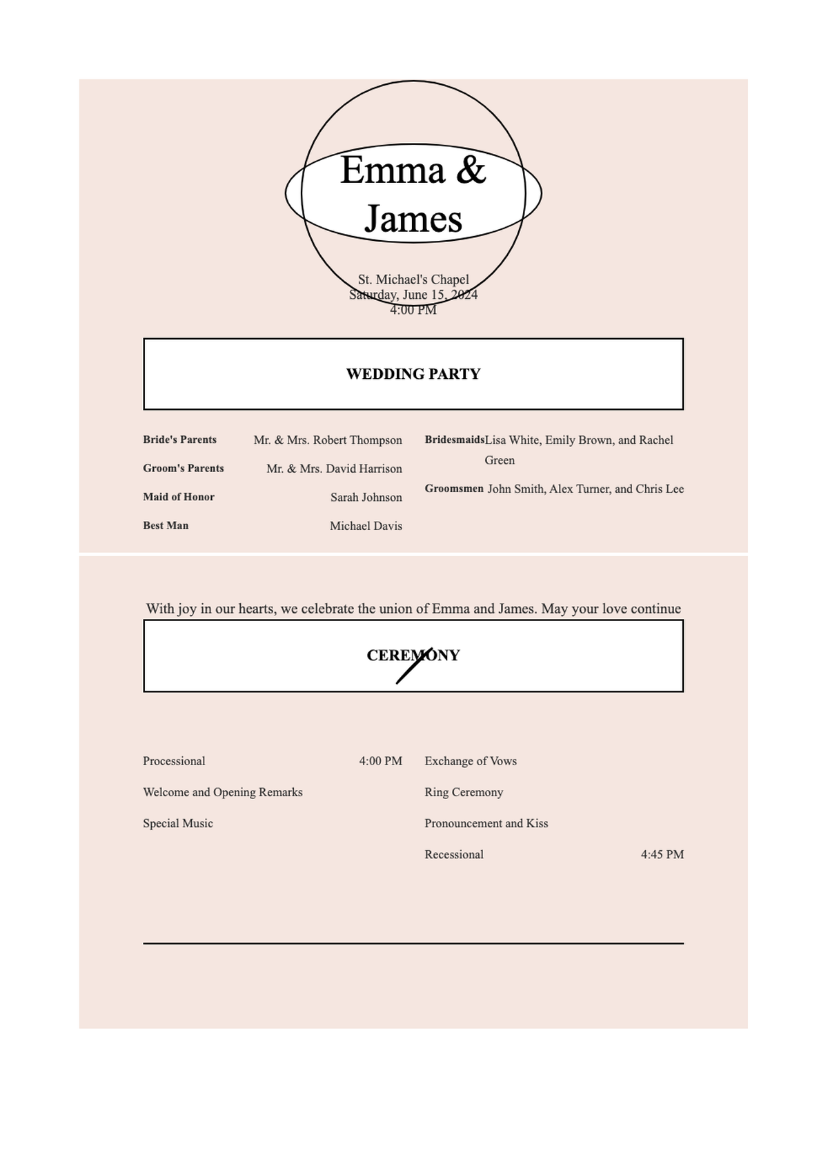 Elegant two sided wedding program with ceremony order and wedding party list_variant_2